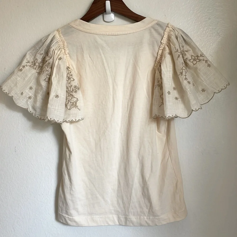 Anthropologie Cream Flutter embroidered Sleeve Blouse